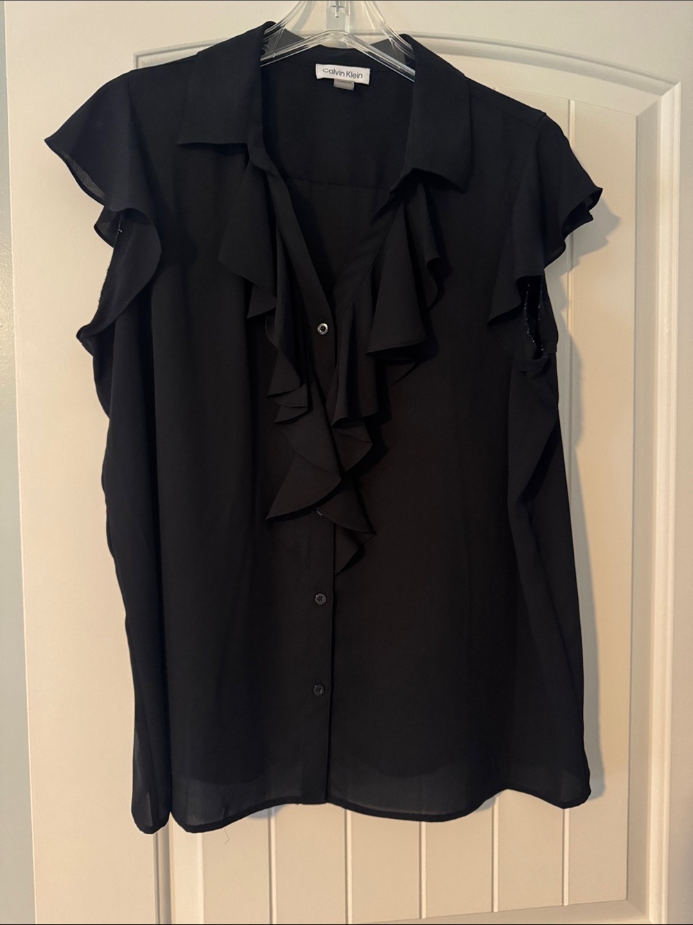 Calvin Klein Dark Navy Ruffle-Sleeve Button Front Blouse
